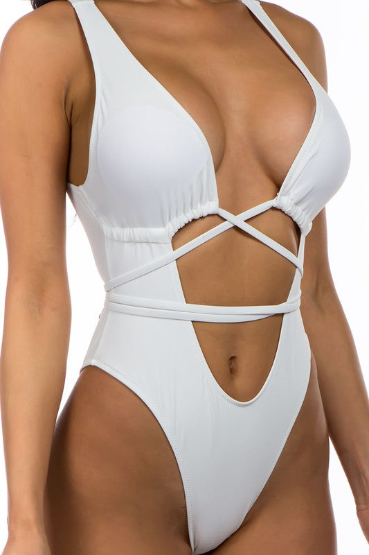 One-piece bikini with low neckline