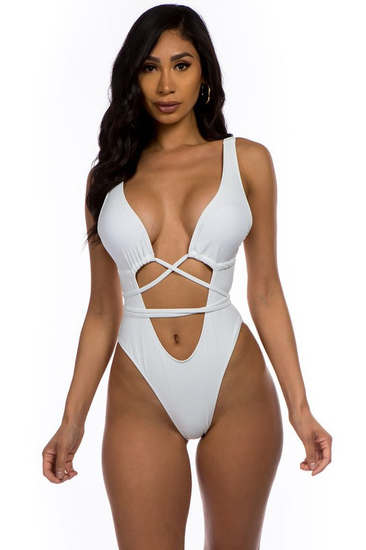 One-piece bikini with low neckline