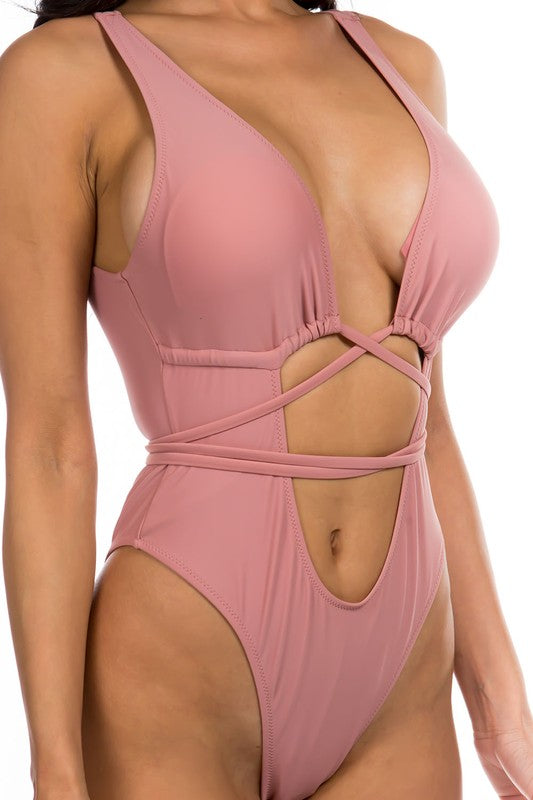 One-piece bikini with low neckline