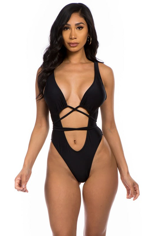 One-piece bikini with low neckline