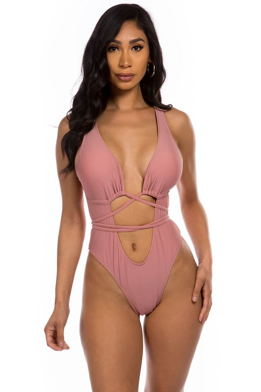 One-piece bikini with low neckline