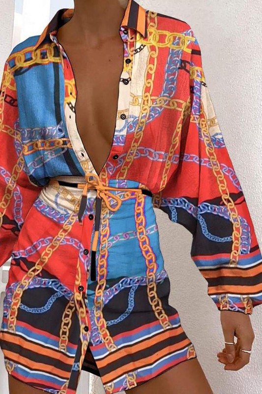 Scarf Print Button Design Long Sleeve Shirt Dress